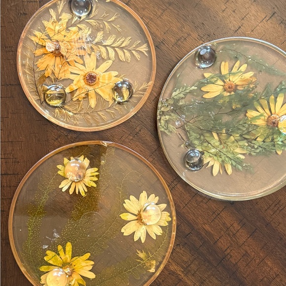 Vintage 50s lucite pressed flower coasters trivet set European antique home - Picture 9 of 14